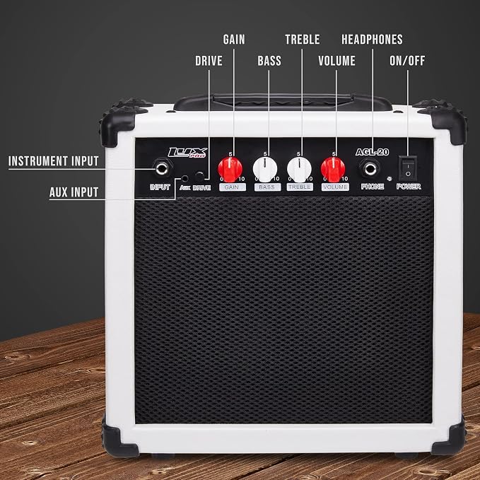 LyxPro Electric Guitar Amp 20 Watt Amplifier Built in Speaker Headphone Jack and Aux Input Includes Gain Bass Treble Volume and Grind - White
