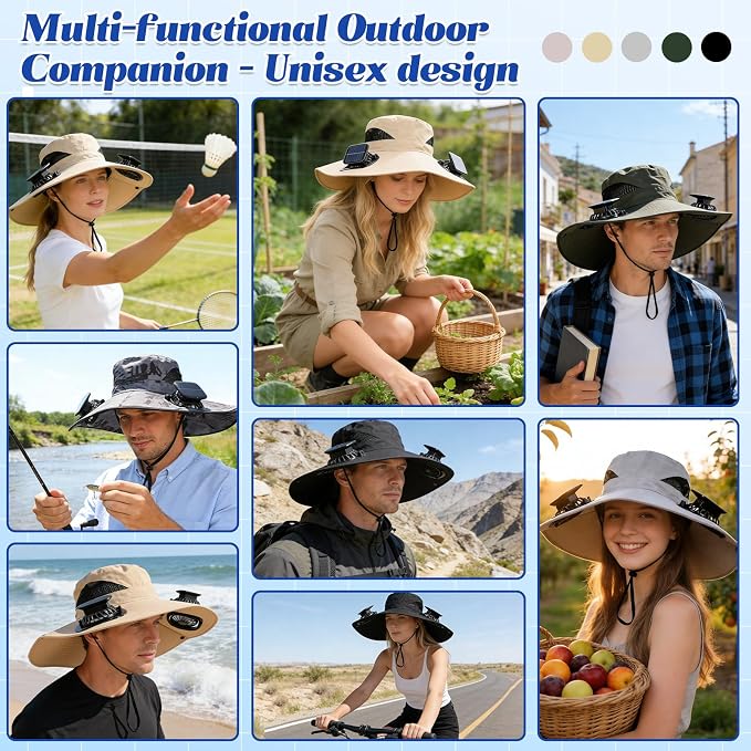 Hat with Fans Solar Power, UPF 50+ Wide Brim Sun Hat, Fishing Essentials for Hiking Beach Summer Safari