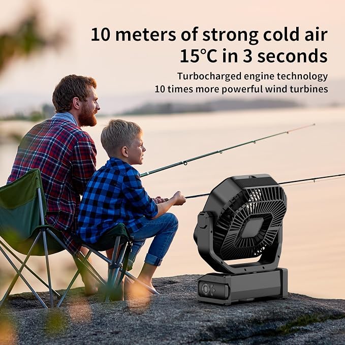 Socool Camping Fan with Light - 20000mAh Rechargeable Battery Fan, 112Hrs Max Run Time, 9 Speeds, Digital Display, Timer, Auto Oscillation, 270° Pivot & Hook for Camping, Power Outage, Hurricane