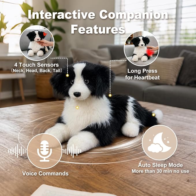 Chongker Interactive Companion Robot Cat, Weighted Breathing Stuffed Animals, Cat Plush Toy with Meow Voice, Breathing, Response, Realistic Heartbeat and Purring (Border Collie)