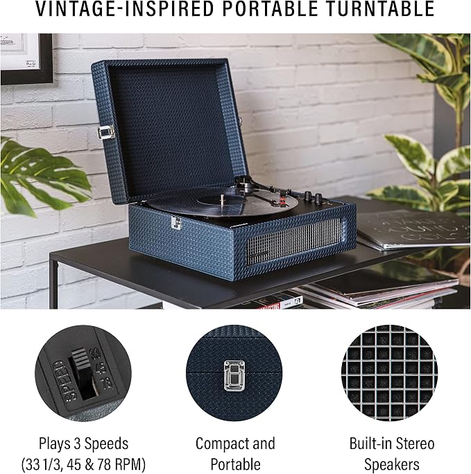 Crosley CR8017B-NY Voyager Vintage Portable Vinyl Record Player Turntable with Bluetooth in/Out and Built-in Speakers, Navy