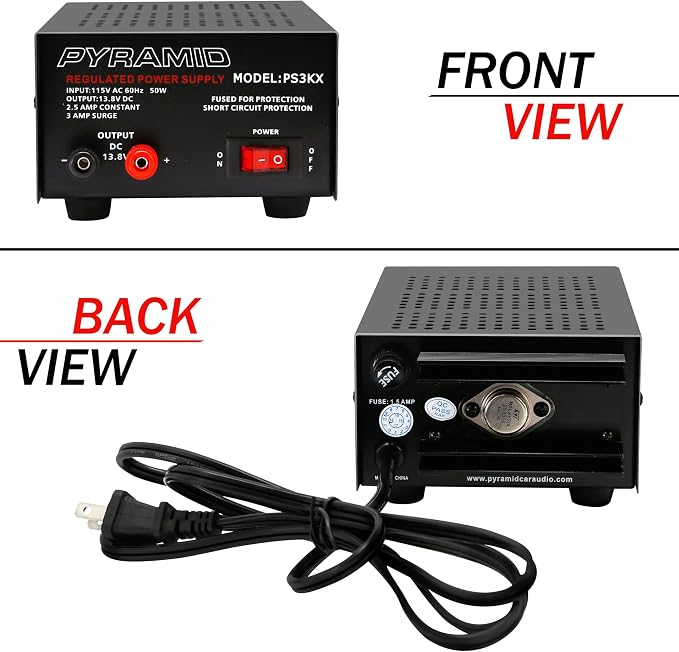 Pyramid Universal Compact Bench Power Supply - 2.5 Amp Linear Regulated Home Lab Benchtop AC-to-DC 12V Converter w/ 13.8 Volt DC 115V AC 50 Watt Power Input, Screw Type Terminals, Cooling Fan PS3KX