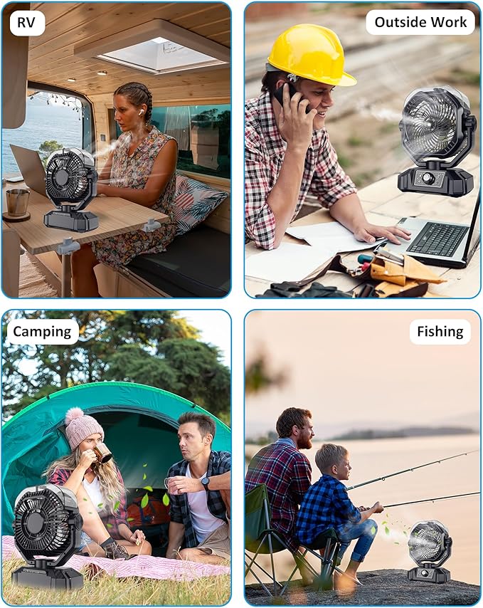 Portable Rechargeable Misting Fan with 12oz Water Tank, Auto Oscillating, Remote, Timer, Light, 8 Speeds, 9-Inch, 20000mAh 120H Battery Powered Mist Fan for Camping, Travel, Worksite, Poweroutage