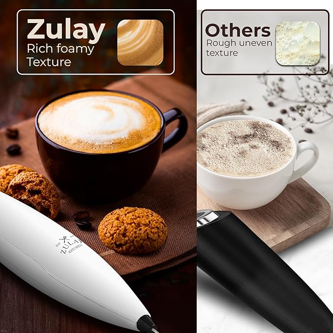 Zulay Kitchen Powerful Milk Frother Wand With Duracell Batteries - Ultra Fast Handheld Drink Mixer - Electric Whisk Foam Maker for Coffee, Lattes, Cappuccino & Matcha - Triple Whisk - White & Black