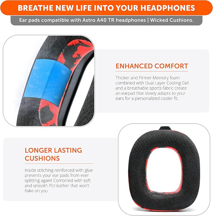 WC Freeze A40- Hybrid Fabric Cooling Gel Replacement Earpads for Astro A40 TR Only, Made by Wicked Cushions, Improved Durability, Thickness and Sound Isolation | Red Camo