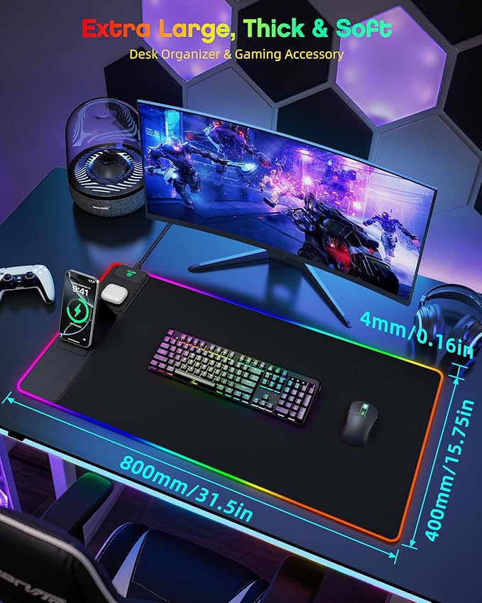RGB Gaming Mouse Pad with Wireless Charging & Phone Stand, 31.5"x15.8" Large, 24 Light Effects, Non-Slip Base, Waterproof Ultra-Smooth Surface, with Adatper, No Adatper