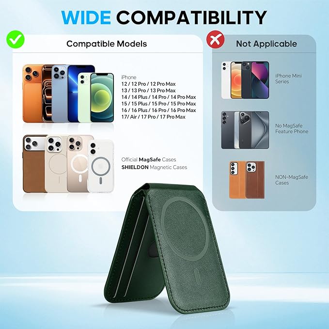 SHIELDON Strong Magnetic Wallet for Magsafe, Genuine Leather Adjustable Stand 6 Card Holders Quick Access ID Window, Mag Wallet Compatible with iPhone 17/16/15/14/13/12 Series Women Men - Evergreen