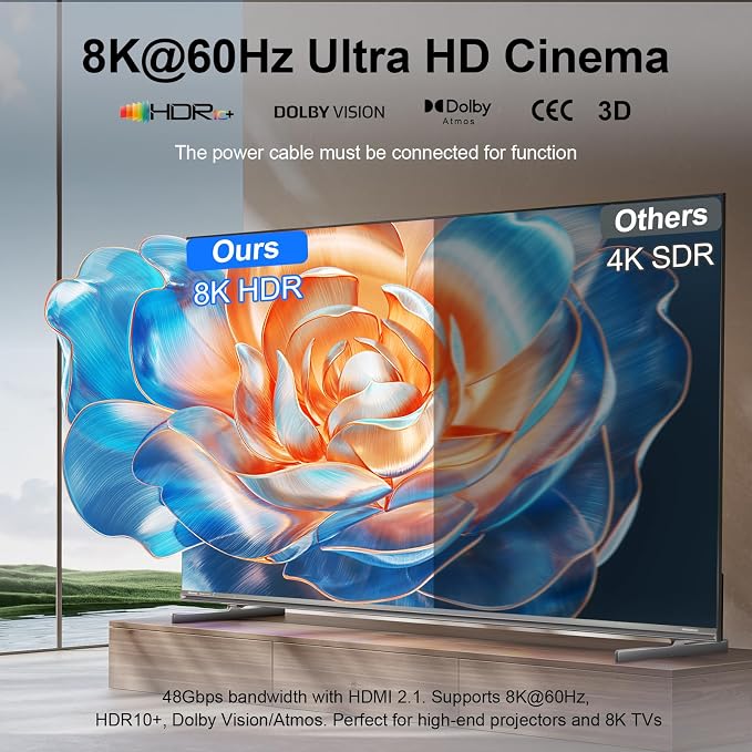 HDMI 2.1 Switch 3 in 1 Out, 8K@60Hz 4K@240Hz/120Hz 48Gbps, HDMI Switcher with Remote & Detection-Switching, VRR HDR10+ Dolby Vision/Atmos CEC HDCP2.3, Aluminum Alloy HDMI Selector