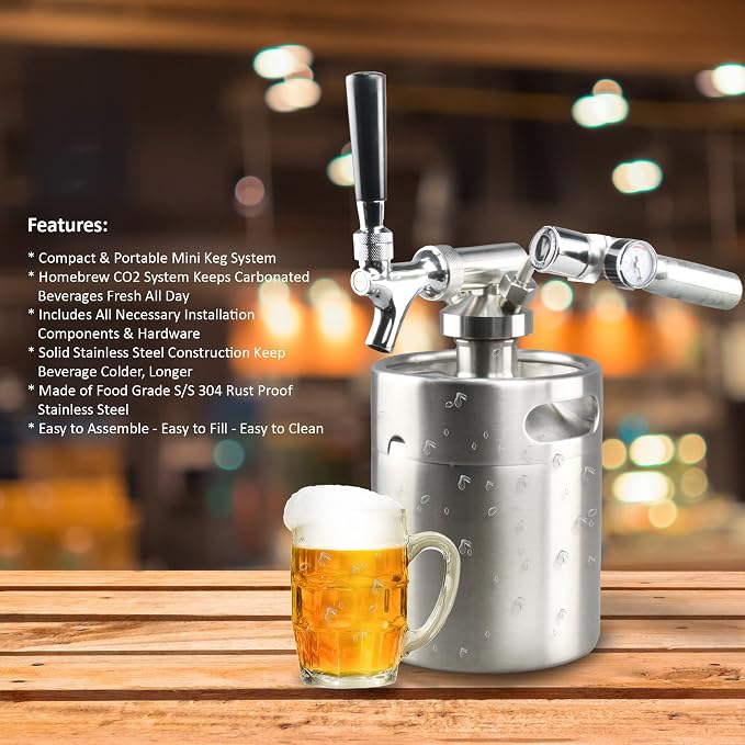 NutriChef Pressurized Growler Tap System - Stainless Steel Mini Keg Dispenser Portable Kegerator Kit - Co2 Pressure Regulator Keeps Carbonation for Craft Beer, Draft and Homebrew - (64oz)