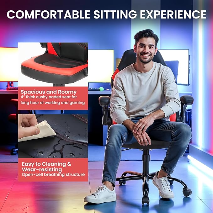 Ergonomic Gaming Desk Chair - Adjustable PU Leather Swivel Racing Chair with Flip-up Armrests for Home Office and Entertainment, Perfect for Adults, Kids, and Gamers, Black Red