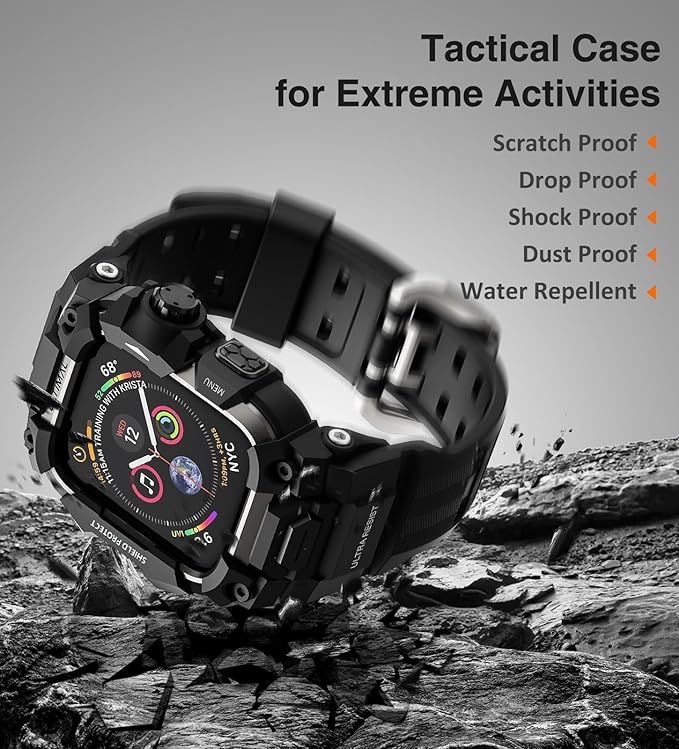 ULTIMAL Rugged Case with Band for Apple Watch 44mm,Compatible with Apple Watch Series SE 3/SE 2/SE Generation/6/5/4, Military Grade Shockproof Bumper Cover for iWatch Tactical Band Men (Black, 44mm)