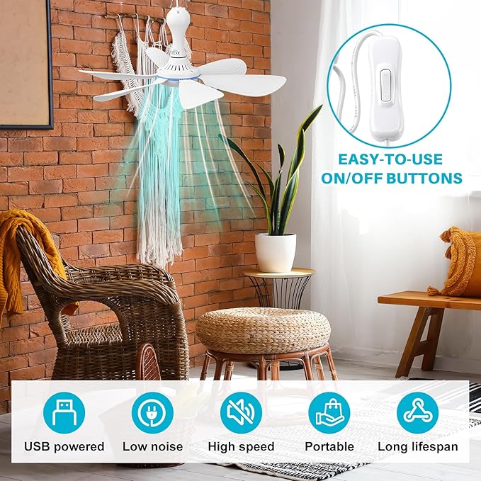 Tujoe 1 Set Solar Powered Ceiling Fan Kit for Outdoor,Portable 15W Solar Panel Powered USB Small Hanging Fan,Dual Charging Modes,for Chicken Coop, Tent,Greenhouse, Shed, Gazebo