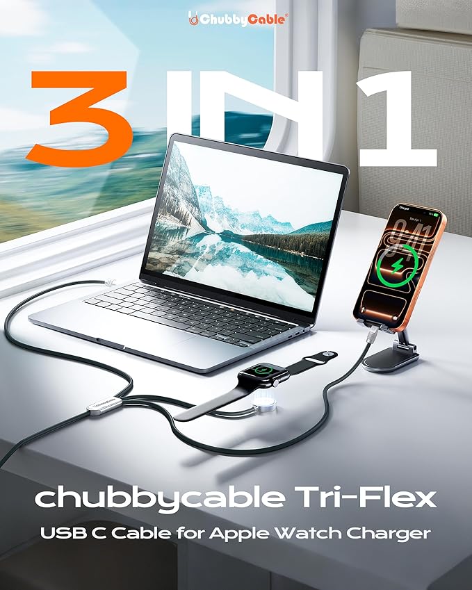 chubbycable Tri-Flex 3 in 1 USB C Cable for Apple Watch Charger Silicone 100W Multi Charging Cable Fast Charge Compatible with iPhone 17-15 Series Apple Watch iPad MacBook AirPods, 4.1FT, Dark Blue