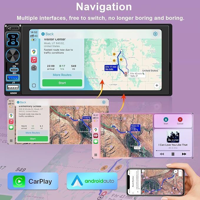 Single DIN Car Stereo Radio with Wireless Apple CarPlay & Android Auto, 6.9" IPS 1280x600 Touchscreen, Bluetooth 5.2, FM Radio, Backup Camera, 1 DIN Head Unit, 180W Subwoofer Out, Type-C Fast Charging