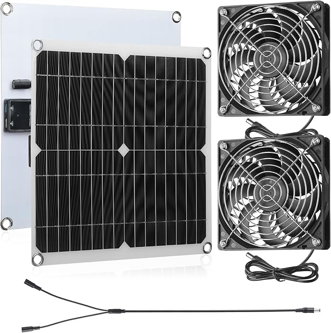 Riakrum 20W 16V Solar Panel Exhaust Fan Kit USB Portable Solar Powered Fan Summer Outdoor Waterproof Ventilator Fan for Chicken Coops, Greenhouses, Camping Exhaust (1 Set)