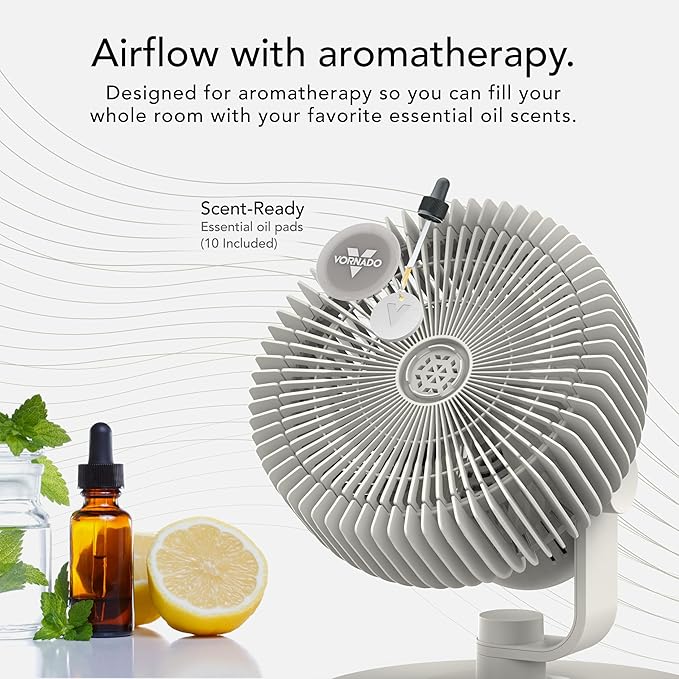 Vornado REFRESH 8 Table Fan with Aromatherapy Scent Pads, Swiveling Base, Easy to Clean, 3 Speed Settings, 45-Degree Tilt, Optimized Fan Sound for Sleep, Electric Fan for Bedroom, Office, & Home