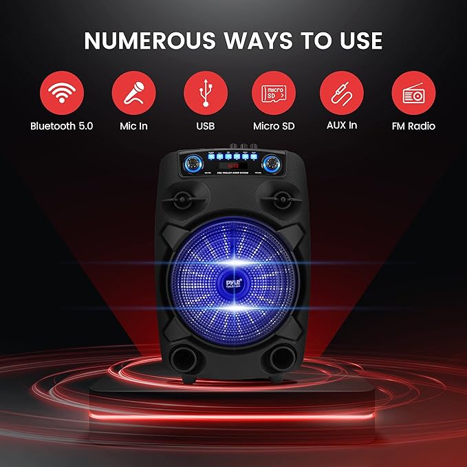 Pyle Portable Bluetooth PA Speaker System - 800W 12” Outdoor Bluetooth Speaker Portable PA System - Party Lights, USB SD Card Reader, FM Radio, Rolling Wheels - Wired microphone, Remote - PPHP127B