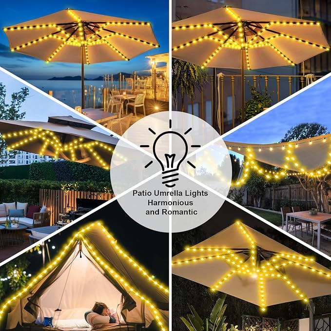 Patio Umbrella Solar Lights with 8 Lighting Modes - Upgraded Larger Solar Panel Clip 5V 152 LEDs Umbrella Lights Outdoor Waterproof for Patio Beach Tent Camping Garden Decor, Warm White