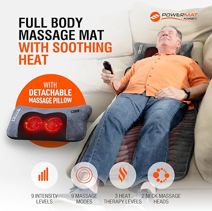 Powermat Full Body Massage Mat with Heat - Shiatsu Back Massager Pad for Bed, Chair & Recliner - Electric Vibrating Heating Pad - Whole Body Massager Mat for Pain Relief - Massage Mattress by Powerfit