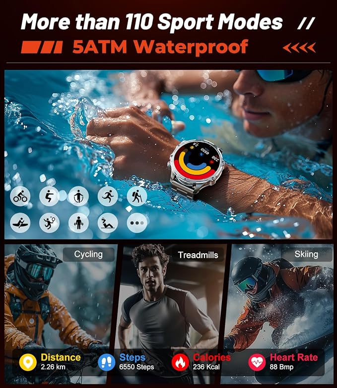 Military Smart Watch for Men, 1.85'' HD Large Screen Smartwatch, 800mAh/LED Flashlight/IP68 Waterproof/Pedometer/100+ Sports Fitness Tracker, Mens Smart Watches for Android iOS, Silvery