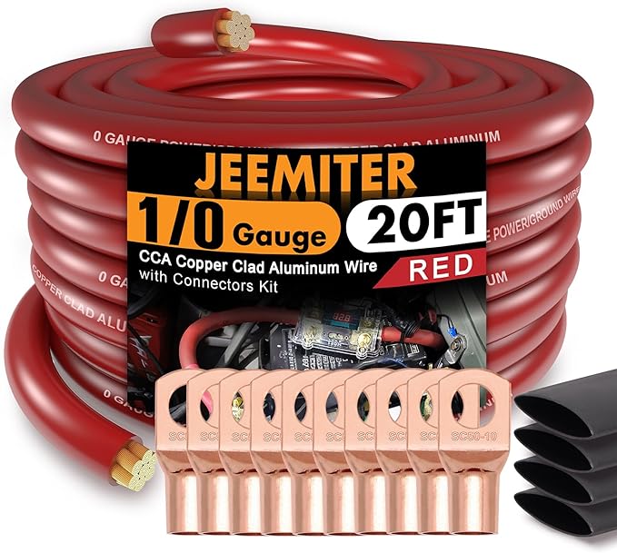 Jeemiter 1/0 Gauge Wire CCA Copper Clad Aluminum (20FT Red) - Battery Cable,Power/Ground Cable for Car Amplifier,Big 3 Upgrade,Auto with Lug Terminal Connectors & 3:1Heat Shrink Tubing