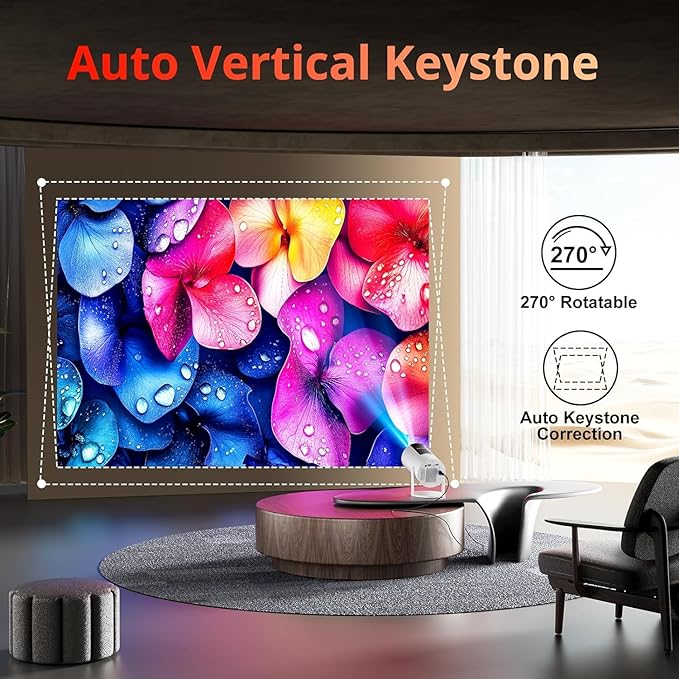 [Auto Keystone] Mini Projector with WIFI and Bluetooth, Pericat Portable Movie Projector with 210° Rotatable, 4K 1080P Home Theater Projector Compatible with Smartphone, TV Stick, Laptop, HDMI, USB