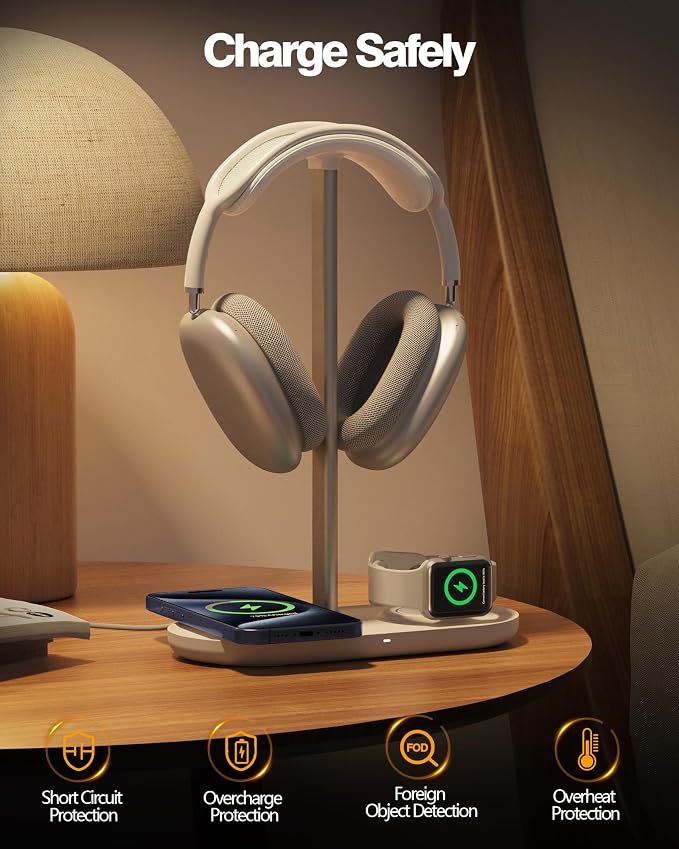 HiWe Headphone Stand, 2-in-1 Wireless Charger for iPhone/Apple Watch, Aluminum Alloy Rod, Minimalist Desk Organizer, White