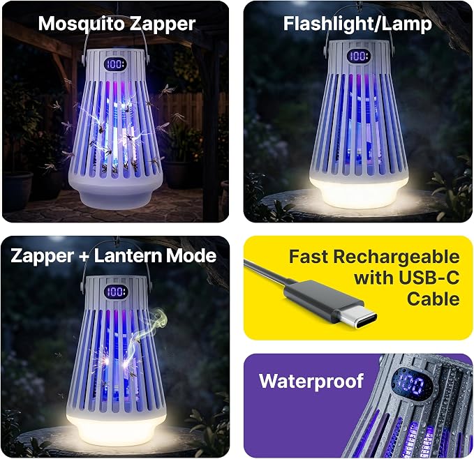 Zap Zone Defender Bug Zapper Outdoor Indoor, Rechargeable Mosquito Zapper with UV Light USB-C Electric Insect Trap Mosquito Repellent Outdoor Patio Camping Traps 3 Modes IPX5 Water Resistant Lantern