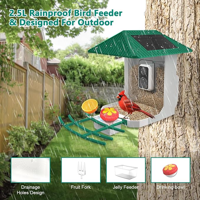 2.5K Smart Bird Feeder with Camera, 5GHz &2.4GHz Birds Watching Camera with AI Identify Bird Species, Outdoor Birds Feeder House with Solar Panel for BirdLovers (Green)