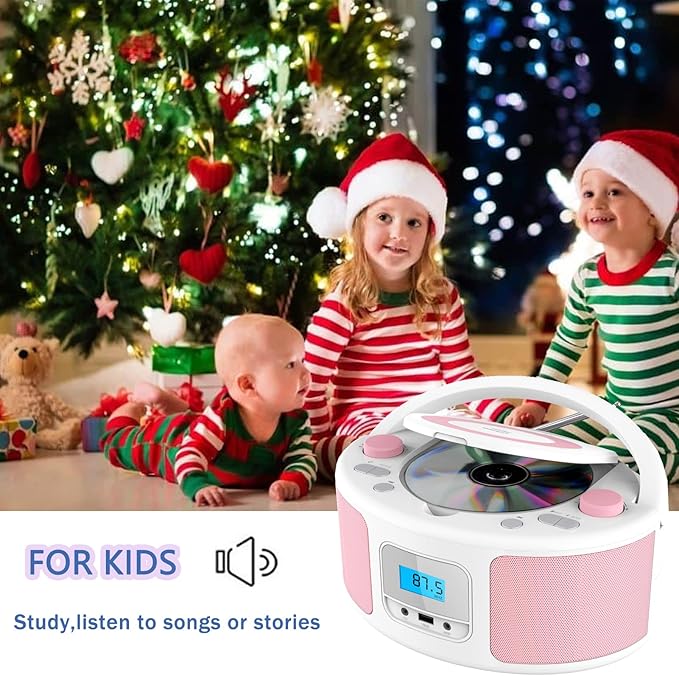 Portable CD Player Boombox with Bluetooth, FM Radio Stereo, Remote Control, USB Input and 3.5mm AUX Headphone Jack, Programmable CD Player, 4 watts of Audio, AC/Battery Powered