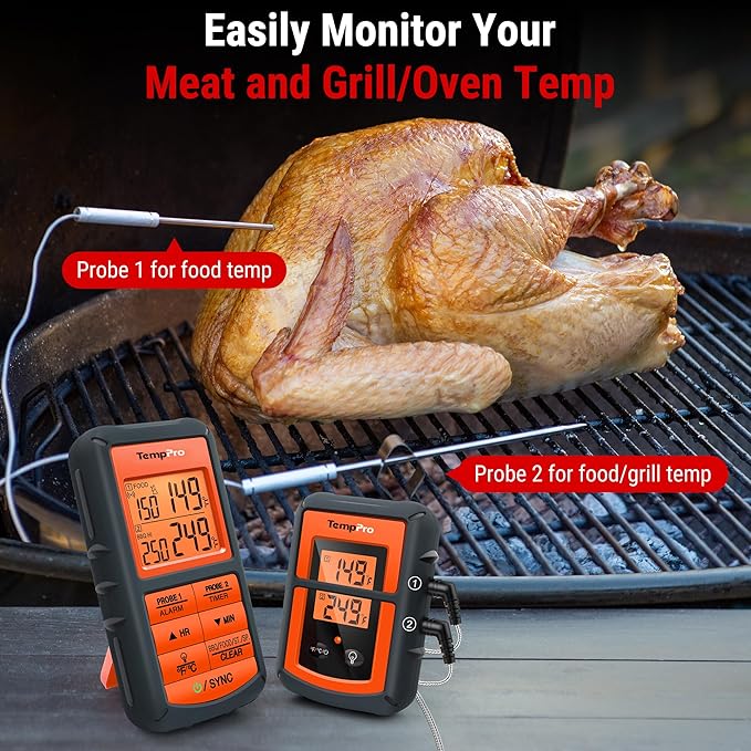 TempPro TP08 500FT Wireless Meat Thermometer for Grilling Smoker BBQ Thermometer with Dual Probe Kitchen Cooking Steak Turkey Food Thermometer Cooking Gift for Dad Him Husband (Previously ThermoPro)