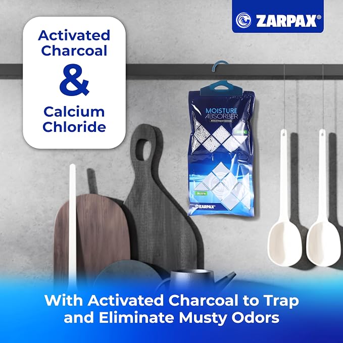 ZARPAX Hanging Moisture Absorber Activated Charcoal 10.6 oz/300g | Moisture Absorbing Bags for Bathroom, Closet & Kitchen | Removes Moisture, Humidity & Odors | Portable Dehumidifier | Set Of 10