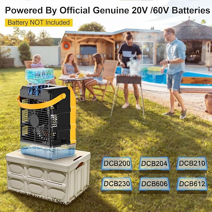 Portable Misting Fan Compatible for Dewalt 20v 60v Battery(NO Battery), Water Misting Fan With TYPE C Cable, 1.6L Water Tank, 8H Timer, Variable Wind Speed & LED Light For Jobsite Patio Outdoor