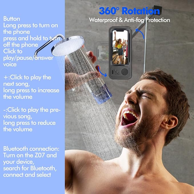 Shower Phone Holder with Wireless Bluetooth Speaker, Waterproof 480 Rotation Viewable Shower Phone Stand Case Mount Speakers for Bathroom Wall Mirro for 4"- 6.8" Cell Phones ,Gift for Mom(Black)