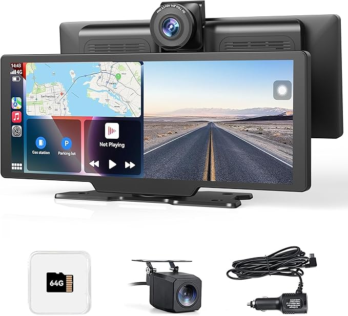 Portable Carplay Screen for Car, 9" Car Play Touchscreen with 4K Dash Cam,1080P Backup Camera,Wireless Carplay&Android Auto,Loop Recording,GPS Navigation,Bluetooth (9inch)