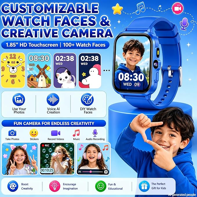 Smart Watch for Kids, 1.85" Fitness Tracker with Camera, Game, Music, SOS, AI, Alarm Clock, Video,Parent Control, 24/7 Heart Rate Sleep Monitor, 100+ Sport Modes, IP68 Waterproof, Gifts for Boys Girls