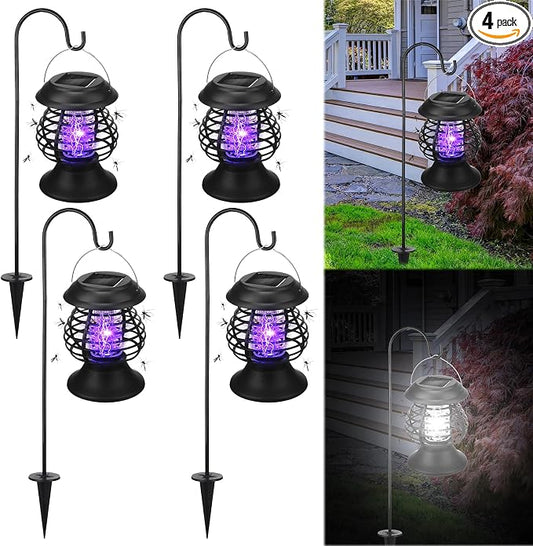 Qualirey 4 Pcs Outdoor Waterproof LED Solar Bug Zapper 2 in 1 Hanging Mosquito Zapper Mosquito Killer Outdoor Cordless Garden Waterproof Fly Insect Killer for Backyard Farm Patio