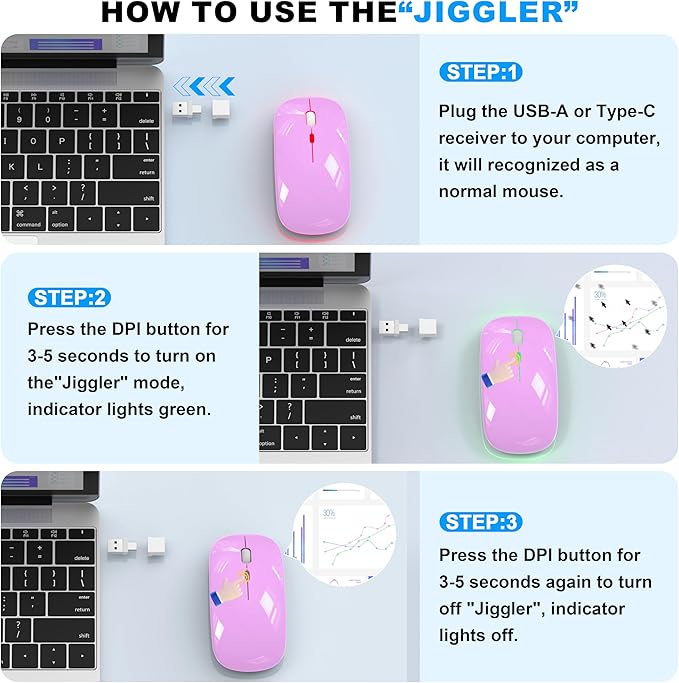 LED Wireless Mouse - RGB Rechargeable Bluetooth Wireless Mouse for MacBook Pro Air Mac iPad PC Laptop, Silent Optical USB C Mice with Jiggler Mouse Mover for Keep Computer Awake - Purple