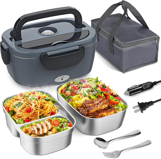 Vingud Electric Lunch Box for Adults, Heated Lunch Box for Men w/Dual 1.5L SS Containers, Portable 80W Food Warmer for Car/Truck, Lonchera Eléctrica Portátil Christmas White Elephant Gifts, Dark Grey