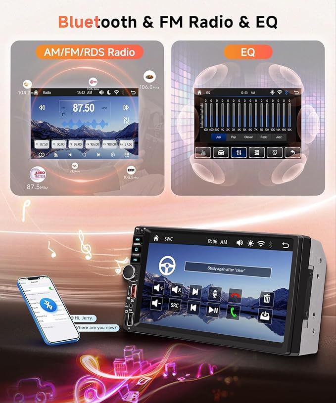 Rimoody Double Din Car Stereo, 7 Inch Touch Screen Wireless Carplay & Android Auto, Car Radio with Bluetooth/FM/EQ/SWC/MIC, Backup Camera Included, USB/AUX/TF/Type-C Car Audio Receiver