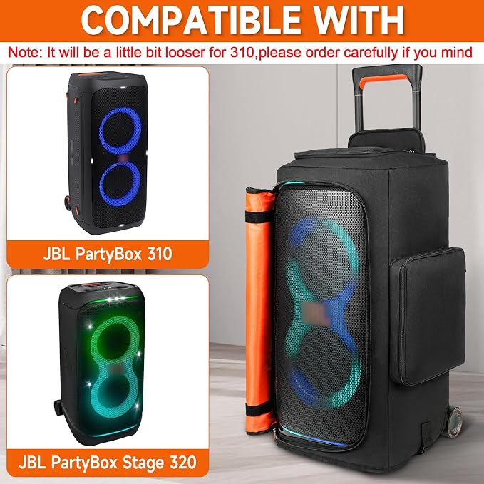 Speaker Case Compatible with JBL PartyBox 320,Bottomless Speaker Dust Cover Storage Bag Fits for JBL PartyBox 310 for Outdoor Travel,Black+Orange,Portable Cover Only,(Without Wheels and Pull Rod)