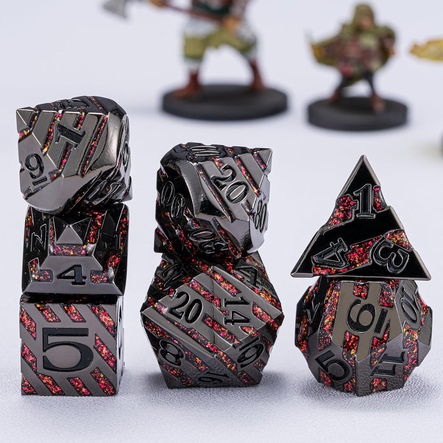 Metal Dice Set DND,Metallic Glitter Stripes D&D Dice Set,7 PCS Polyhedral Dice Set with Gift Case for Dungeons and Dragons Tabletop Game(Black Nickel Red)