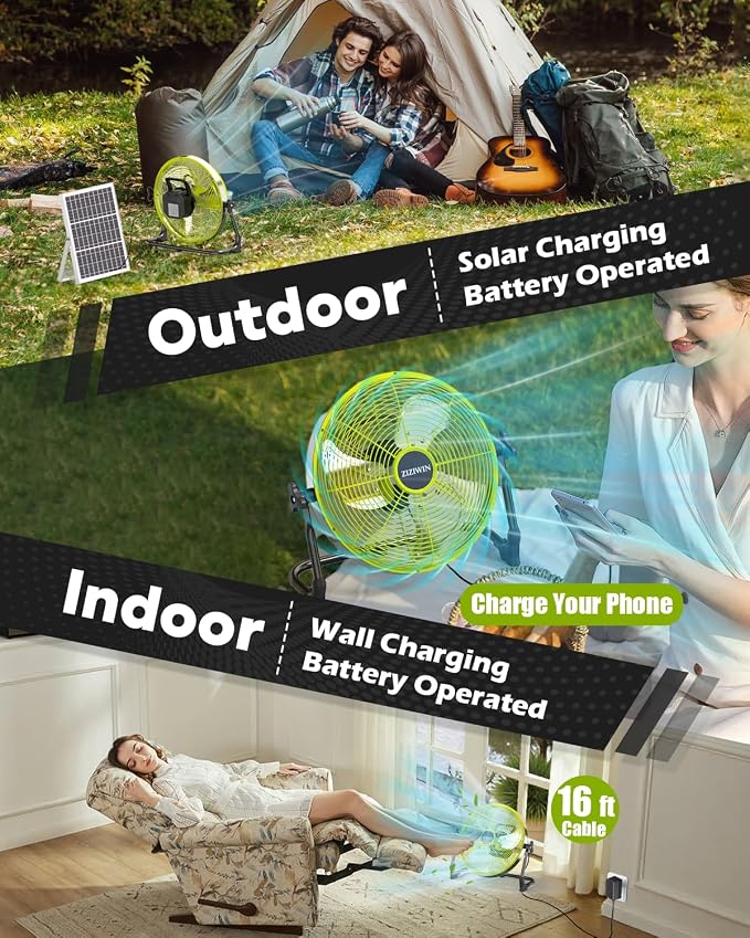 18" Solar Fan, 35W Solar Powered Cordless Greenhouse Fan with Rechargeable Battrey, Portable, 360° Tilt, 8~60H Runtime, for Outdoor Camping Gazebo Chicken Coop Patio Travel Shed Barn