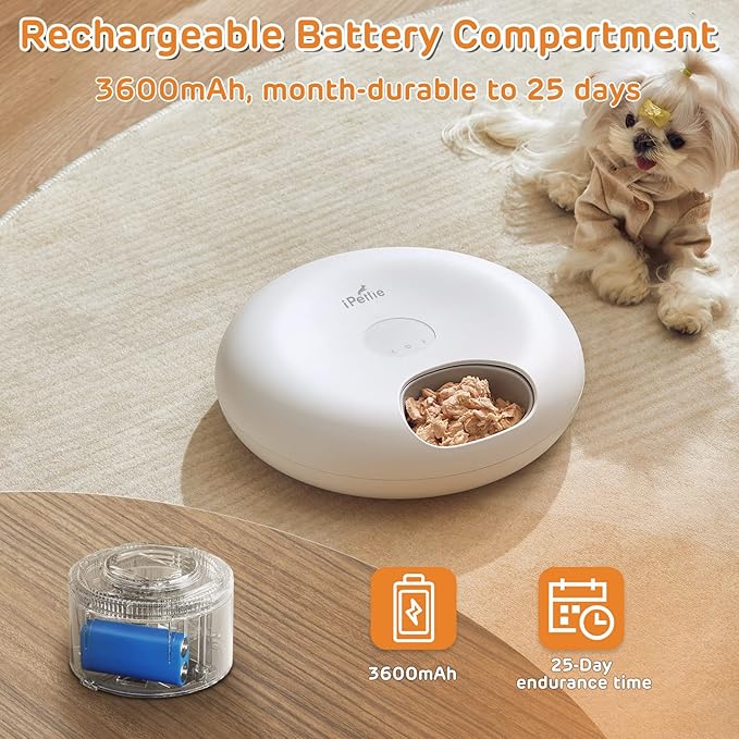 iPettie Donut Frost 6 Meal Cordless Automatic Pet Feeder, Dry & Wet Food Automatic Cat Feeder with Two Ice Packs, Rechargeable Massive Battery, Programmable Timer, Classic White