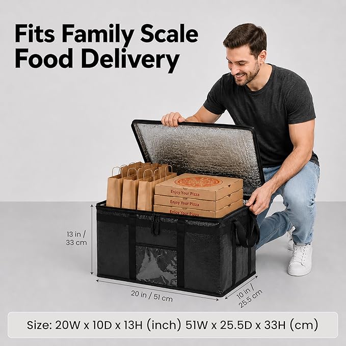NZ home Insulated Bags for Food Delivery (2XL PRO) Grocery Shopping Cooler Bag, Pizza Delivery, Hot & Cold Catering Tote, Reusable, Foldable & Heavy Duty (Black)