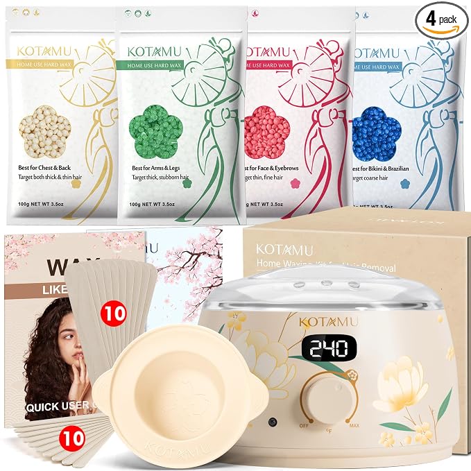 KOTAMU Waxing Kit for Women & Men, Wax Warmer for Hair Removal, Digital Wax Kit with Silicone Pot，Ideal for Face Eyebrow Arm Legs Armpit &Sensitive Skin, Bloomy Waxing Machine for Home Salon Use