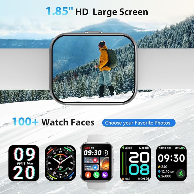 Smart Watches for Men Women with Alexa/AI Voice & Call, Mens Smart Watch with Heart Rate,SpO2,Sleep, Pressure Monitor & Reminders, 1.85’’ HD 100+ Sports Fitness Watch for Activities Track-White