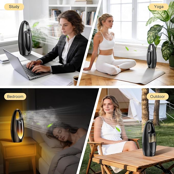 KONSIDEN Bladeless Misting Desk Fan, 13 Inch Rechargeable 3500mAh Quiet Small Personal Table Fan, 9 Speeds & 9H Timer, 60° Oscillation, 180ml Water Tank & Night Light for Bedroom Office Home Outdoor