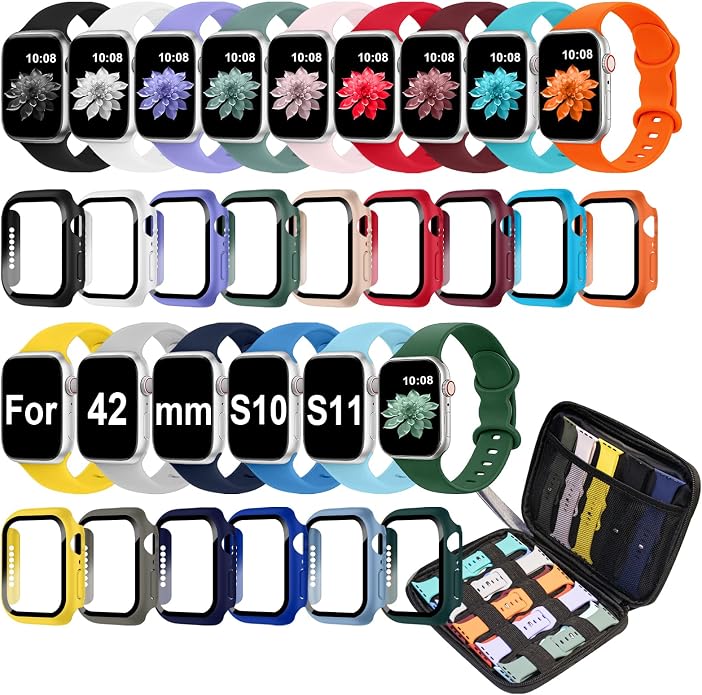 15 Pack Compatible with Apple Watch Bands 40mm 41mm 42mm 44mm 45mm 46mm Women Men, Watch Screen Protector Case&Organizer for iWatch Series 11 10 9 8 7 6 5 4 SE（Multiple Sizes, Select the Right Size）