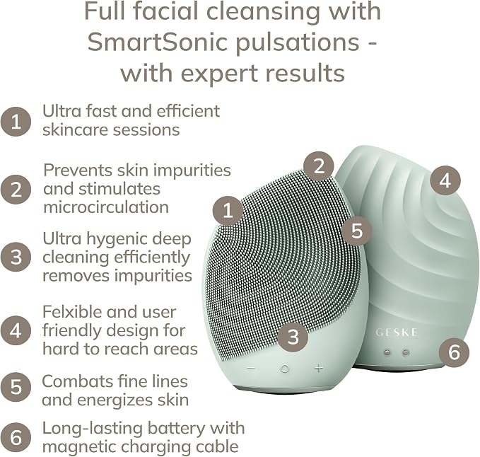 GESKE SmartAppGuided™ Sonic Facial Brush 5 in 1 | Vibrating Electric Facial Cleansing Brush | Soft Silicone Brush | Professional Facial Cleanser | Skin Cleanser & Exfoliator | Face Massager